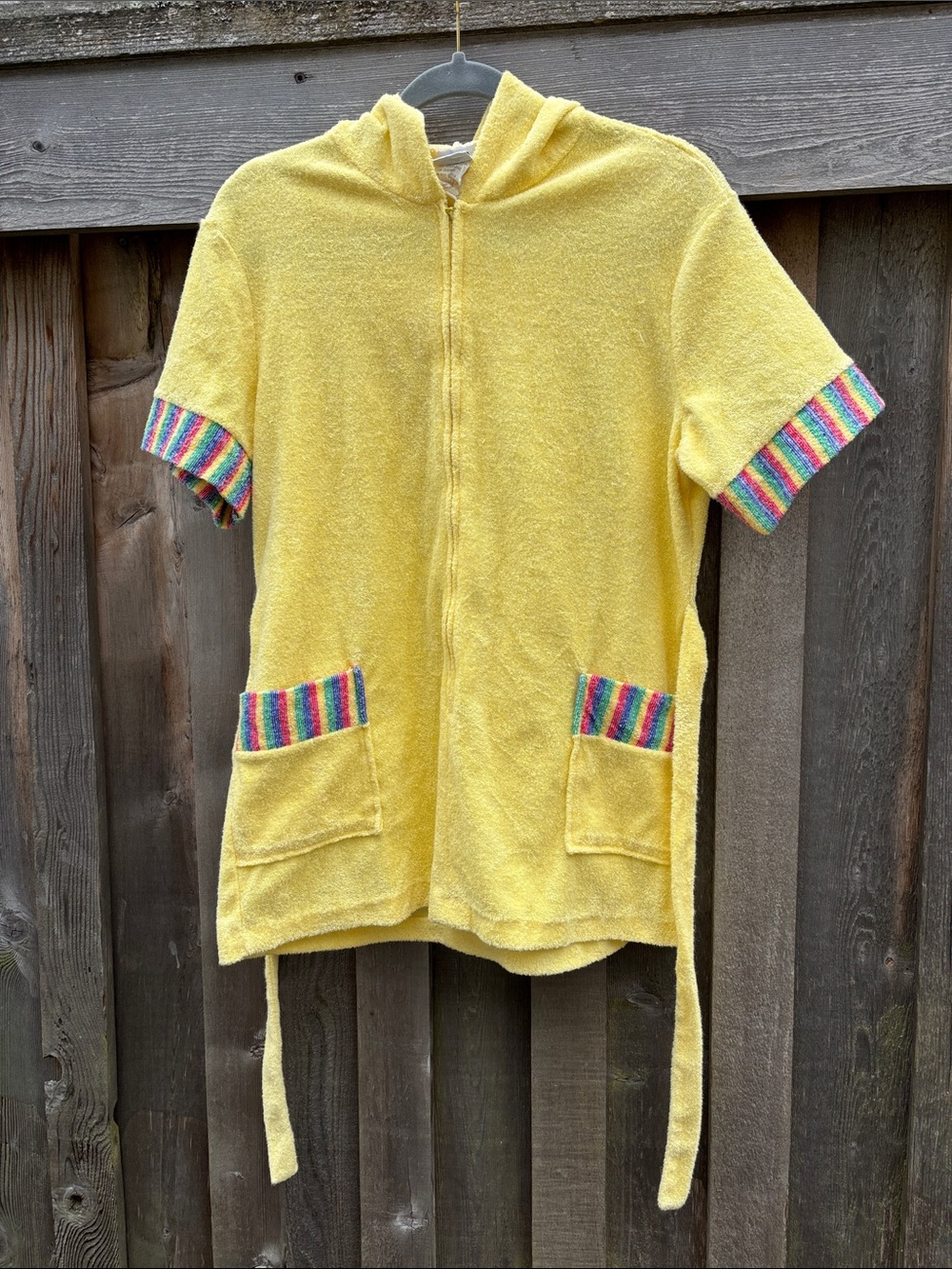 Vintage Avon Hooded Zip Terry Robe Zip Cover Up Yellow Kids with Rainbow Trim